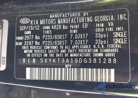 2013 Kia Sorento Lx z USA, uszkodzony, nr VIN 5XYKT3A19DG381288